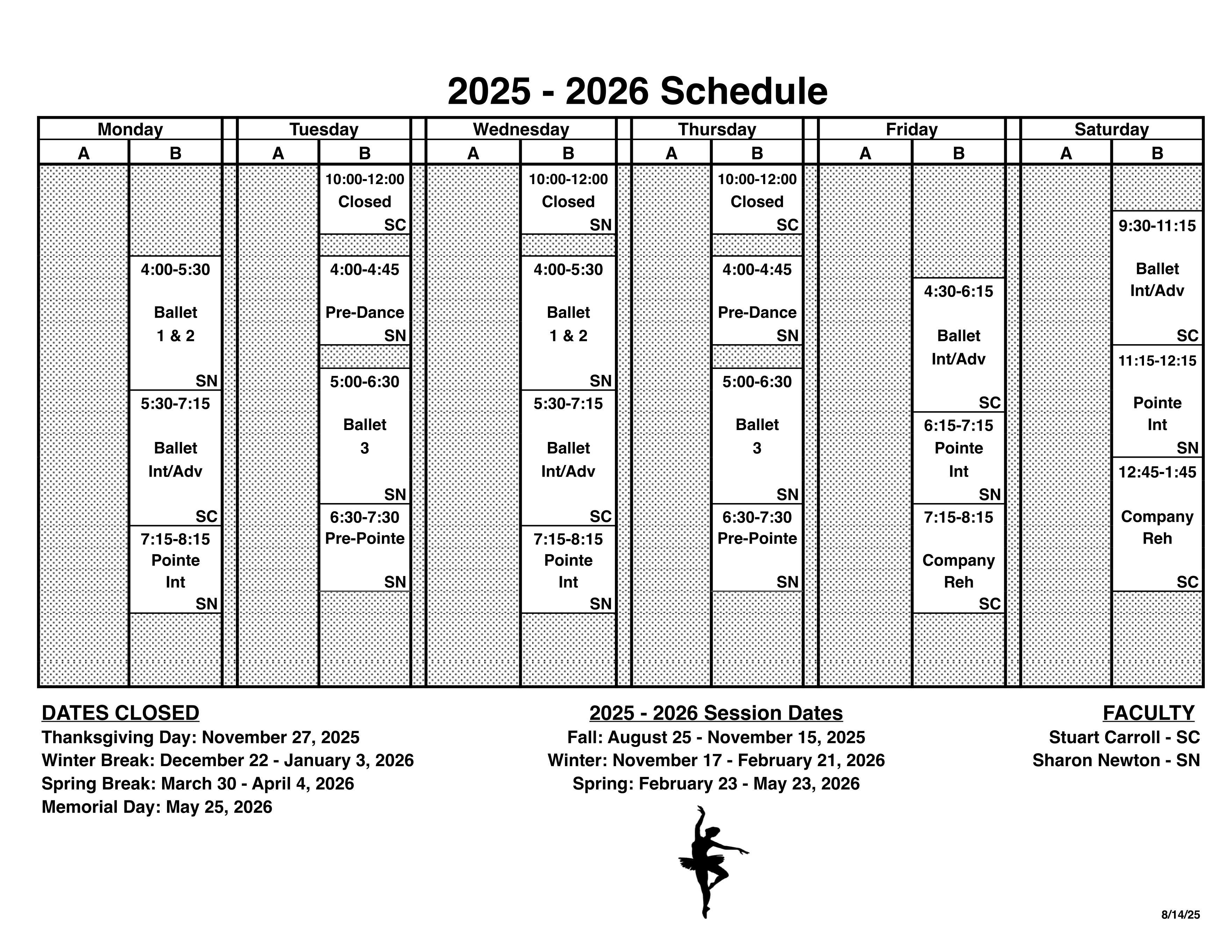 2025/26 Studio Class Schedule