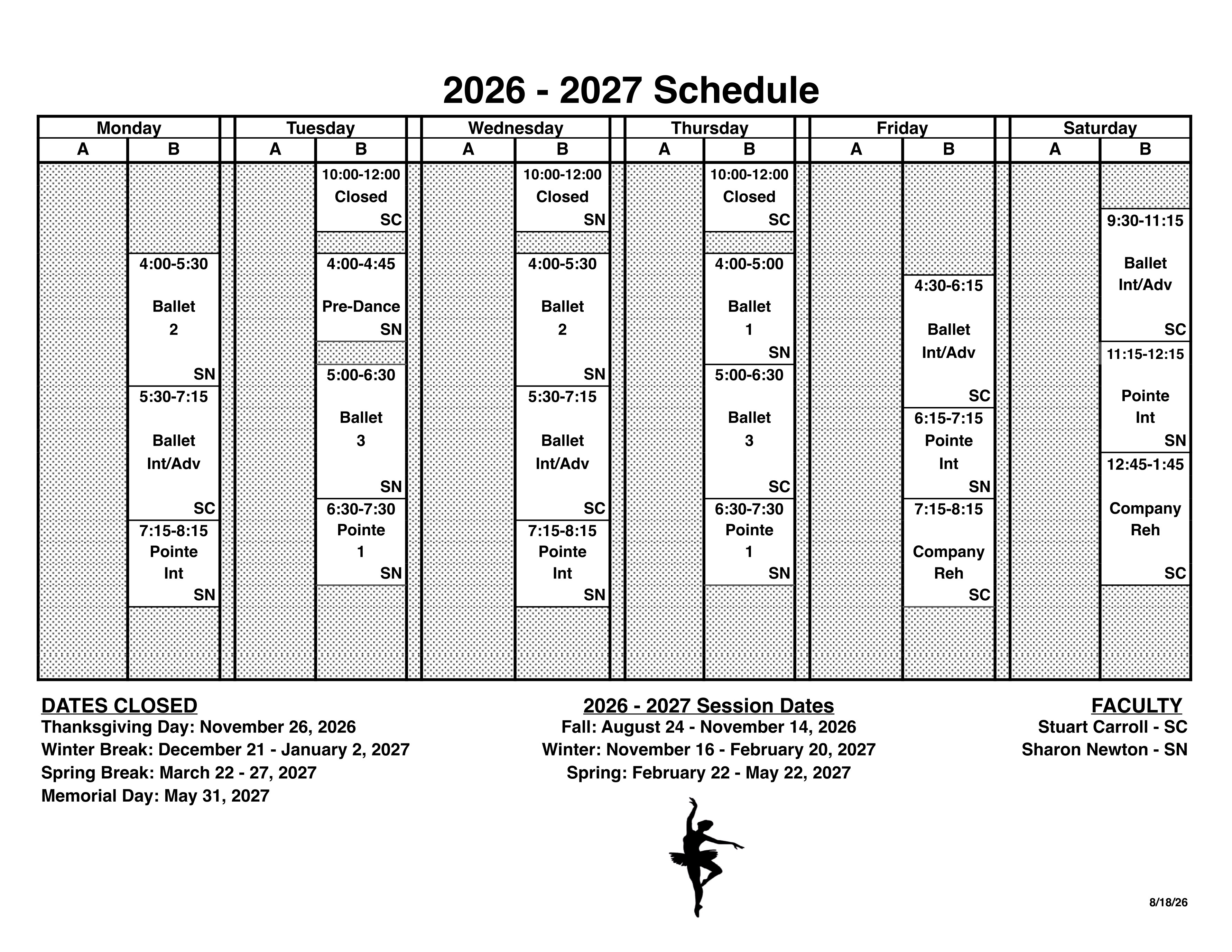 2026/27 Studio Class Schedule